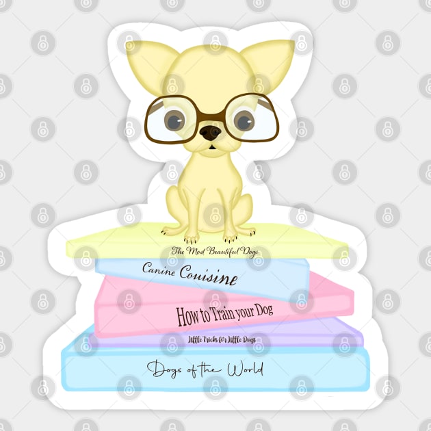 Chihuahua dog wearing glasses and reading books Sticker by Brushes with Nature